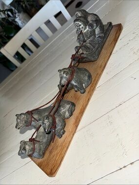 Vintage Wolf Original Couple On Dog Sled Sculpture On Wood Mounted Gray Black